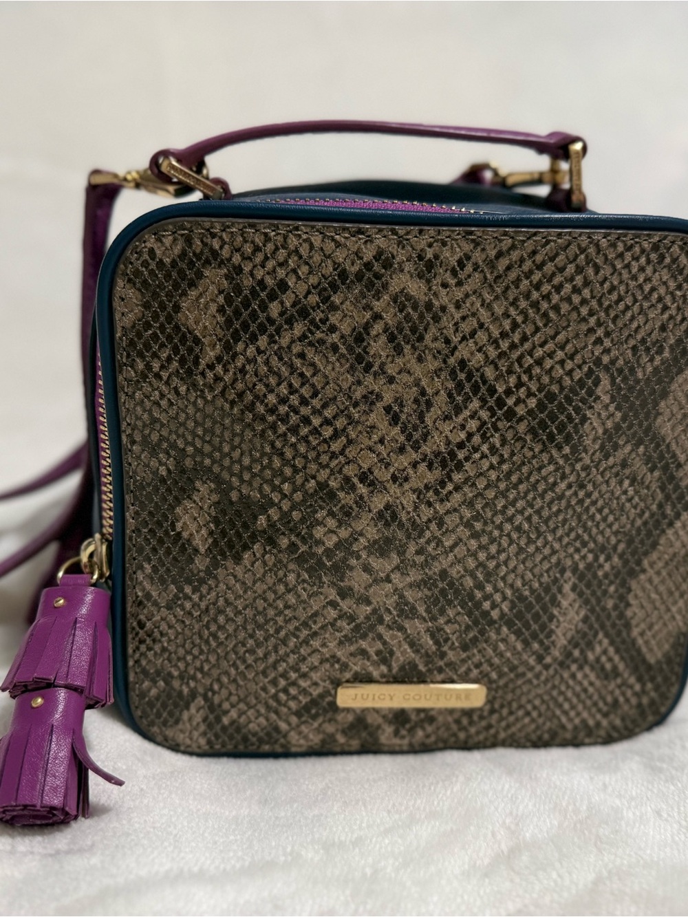 Juicy Couture Brown Snake-Embossed Crossbody with Purple Trim and Tassel